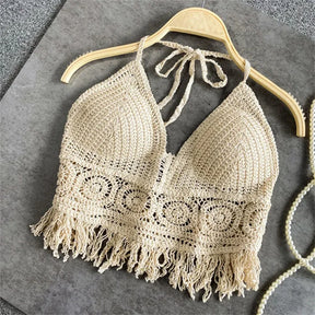 Mulheres verão praia boho colheita topos sexy y2k malha sem costas oco para fora regatas crochê borlas hem halter sutiãs bustier topo