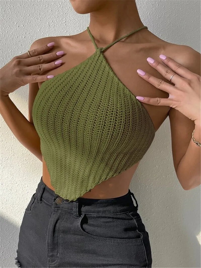 Mulheres sexy sem costas rendas até halter malha regata roupas femininas temperamento verão nova moda bandeau camisola