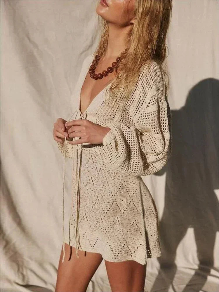 Sexy profundo decote em v rendas manga sino malha oco para fora praia mini vestido 2025 verão maiô cobrir feminino casual túnica k14