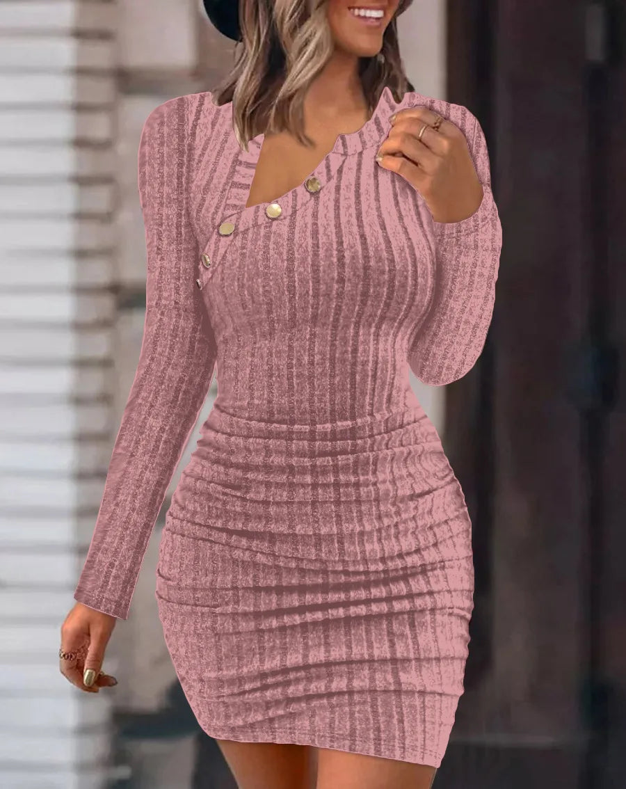 Vestidos bodycon com gola redonda e botão para mulheres, cor sólida, mini vestido envoltório com nervuras, slim fit, suéter de malha franzido