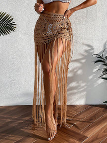 Crochê borla bikini cobrir vestido de praia wear feminino amarrar banhista maiô borla saia longa maiô cobrir vestido de praia