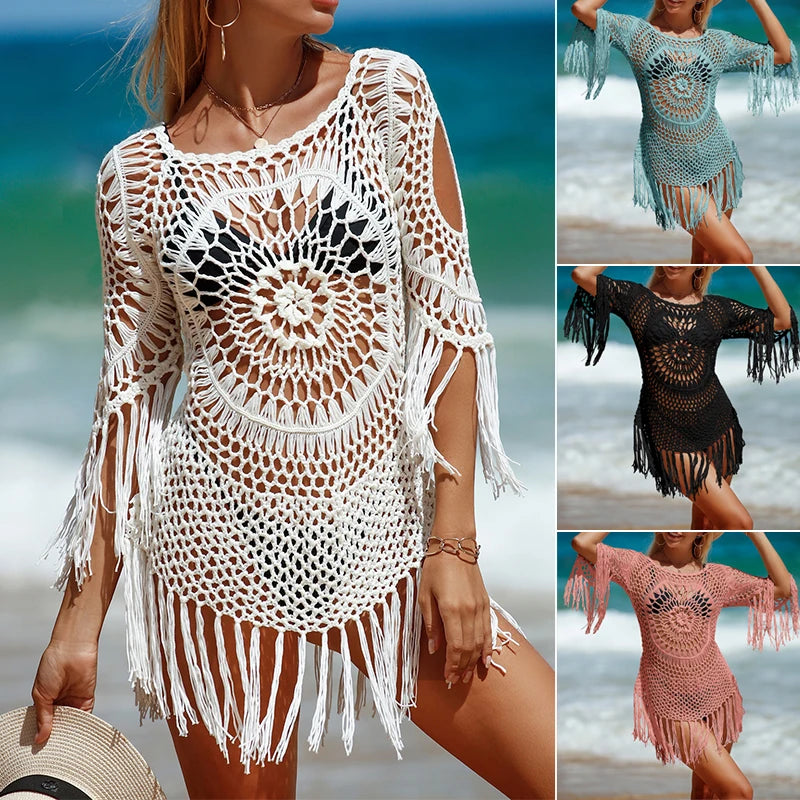 Novo estilo feminino crochê tricô oco borla bikini cobrir sexy transparente verão praia protetor solar blusa vestido curto