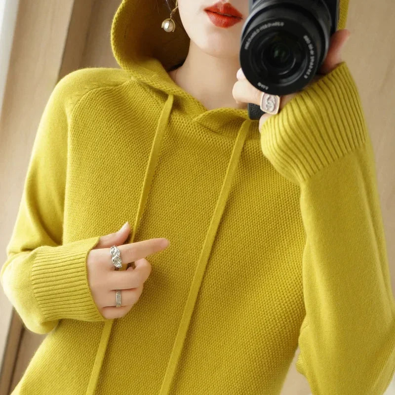 Camisola com capuz mulher outono inverno manga longa quente camisa de fundo sólido casual pullovers malha topos moda coreana jumper 2025