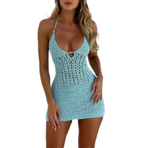 Mulheres sem costas halter mini vestido casual verão malha crochê recorte bodycon vestido de festa para praia clube streetwear