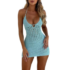 Mulheres sem costas halter mini vestido casual verão malha crochê recorte bodycon vestido de festa para praia clube streetwear