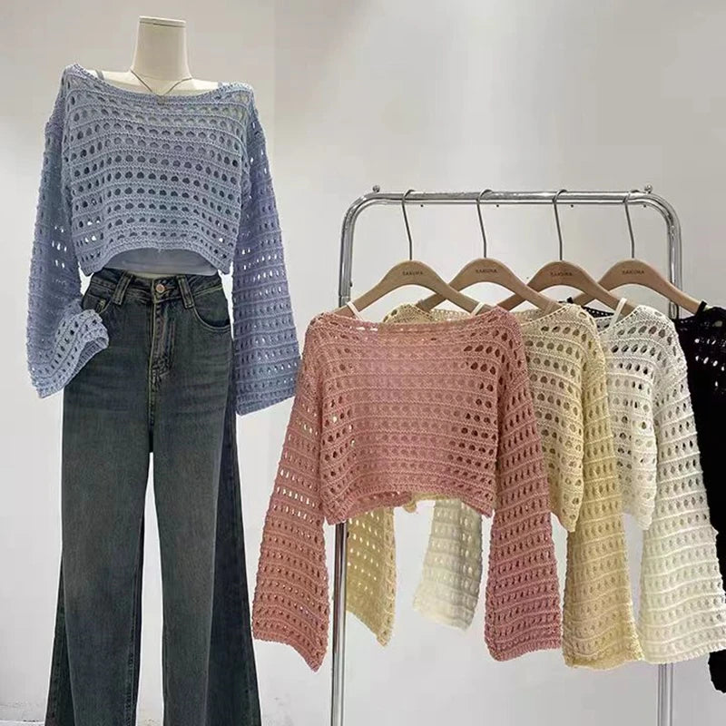 Manga longa crochê malha topo verão praia bikini cobrir colheita pulôver lã malhas blusa feminina férias boho outfit