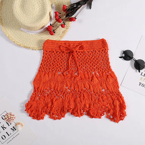 Feito à mão crochê oco para fora roupa de banho cobrir cor sólida cordão saia curta feminina férias tricô doce beachwear
