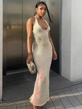 Bwq malha halter oco maxi vestido feminino rendas até sem costas cintura sexy bodycon estiramento sem mangas magro férias outfit 2025