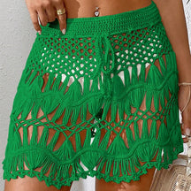 Feito à mão crochê oco para fora roupa de banho cobrir cor sólida cordão saia curta feminina férias tricô doce beachwear