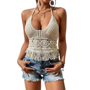 Mulheres verão praia boho colheita topos sexy y2k malha sem costas oco para fora regatas crochê borlas hem halter sutiãs bustier topo