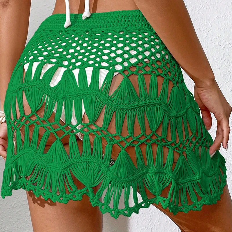 Feito à mão crochê oco para fora roupa de banho cobrir cor sólida cordão saia curta feminina férias tricô doce beachwear