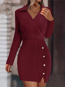 Mini vestido de malha com decote em v feminino, botão, encaixe apertado, abraço do quadril, vestidos de manga comprida, monocromático, fino, sexy, outono, inverno, novo