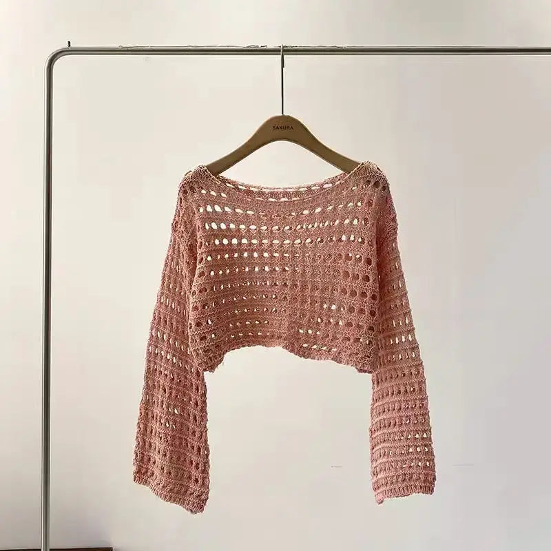 Manga longa crochê malha topo verão praia bikini cobrir colheita pulôver lã malhas blusa feminina férias boho outfit