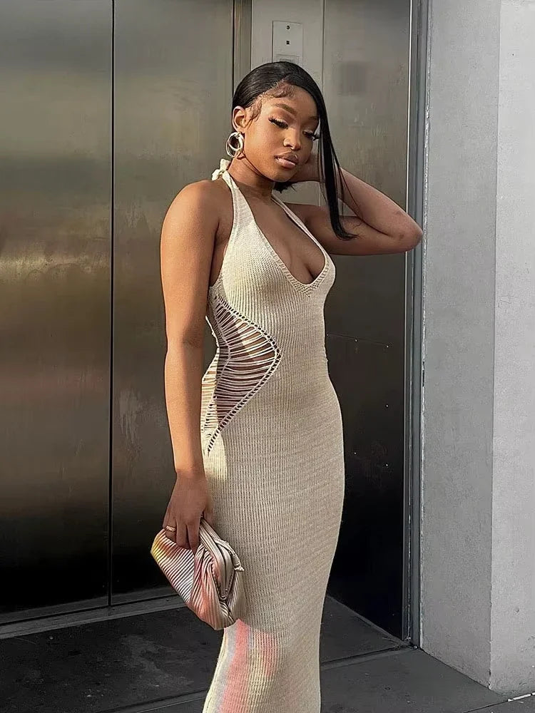 Bwq malha halter oco maxi vestido feminino rendas até sem costas cintura sexy bodycon estiramento sem mangas magro férias outfit 2025