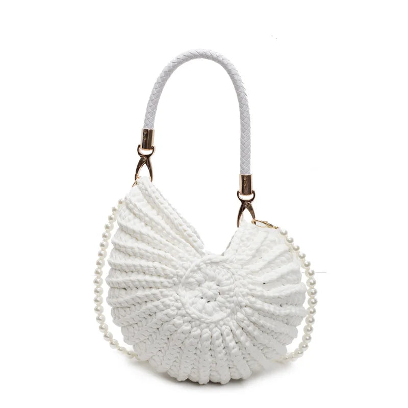 Criativo concha em forma de crochê feminino ombro sacos engraçado bonito pérolas correntes artesanal tecer crossbody saco novidade pequenas bolsas