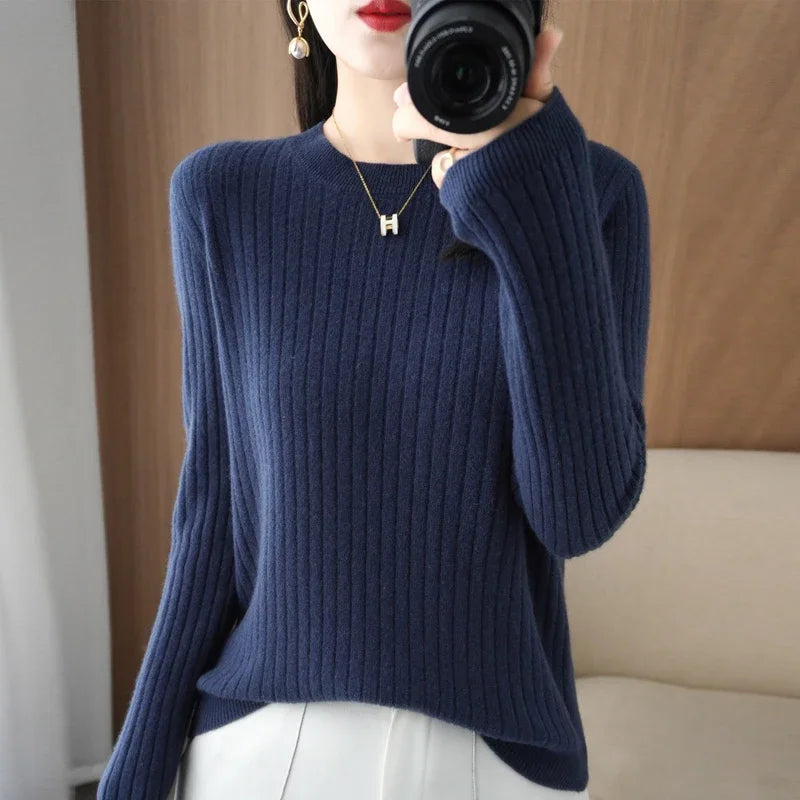 2025 mulheres suéteres outono inverno manga longa pullovers o pescoço listra quente pulôver coreano moda camisas de fundo solto jumper