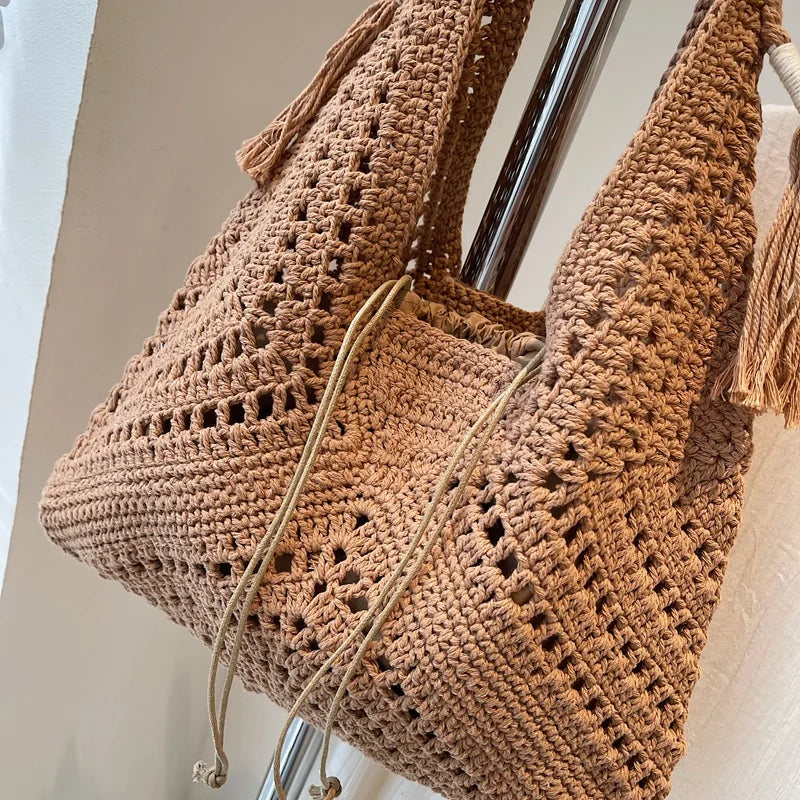 bolsa feminina bolsa de praia bolsa feminina luxo bolsa faculdade Conjunto de bolsa de ombro 2 em 1 de crochê para mulheres ráfia boho rattan verão praia férias sacolas de malha design bolsas femininas 2025