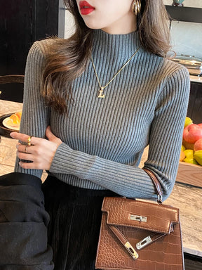 Elegante sólido básico de malha topos feminino gola alta camisola manga longa casual fino pulôver moda coreana simples roupas chiques