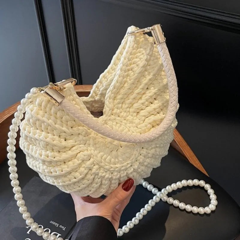 Criativo concha em forma de crochê feminino ombro sacos engraçado bonito pérolas correntes artesanal tecer crossbody saco novidade pequenas bolsas