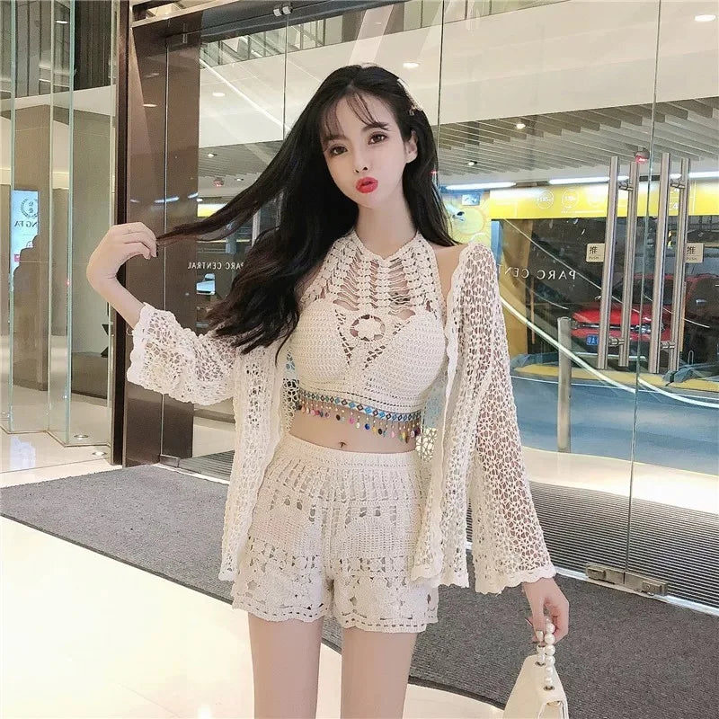Verão 3 peças conjuntos senhora boêmio rendas crochê conjunto camis shorts capa superior camisas conjuntos allure praia férias conjuntos femininos