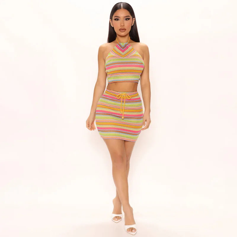 Moda feminina americana impressão halter ins pequeno colete saco hip saia terno sexy cor halter terno à beira-mar férias wear