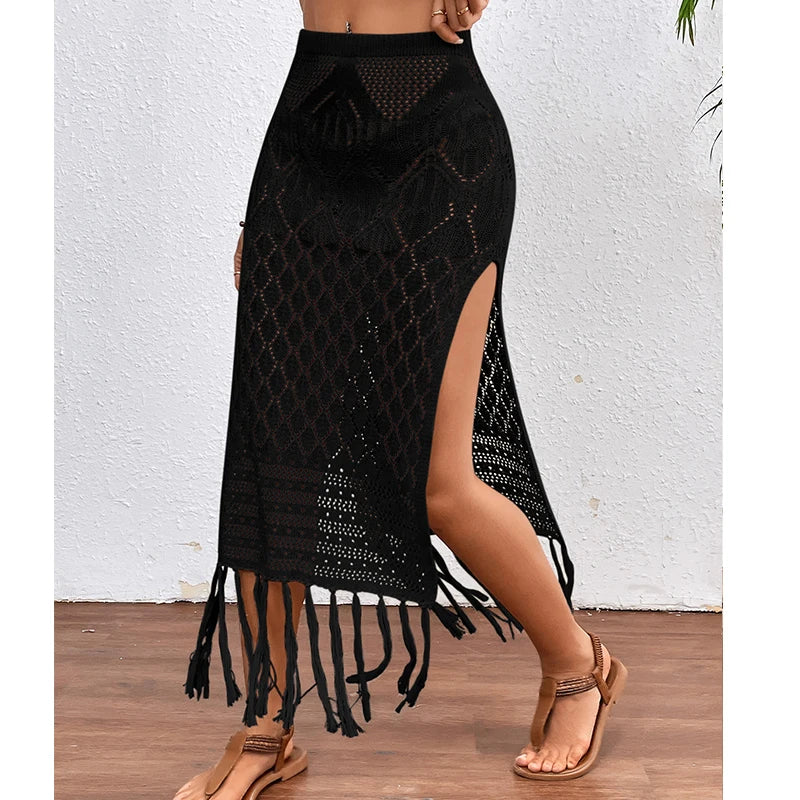 Saia sarong de malha para mulheres, fenda alta, encobrimento de borla, biquíni sexy, praia, férias, verão