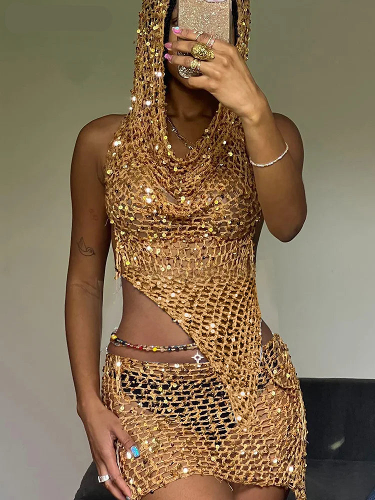 Estranho gato lantejoulas feminino 2 peças conjunto sexy ver através irregular sem costas com capuz regatas + pêssego hip saias meia-noite clubwear terno