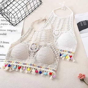 Estilo étnico boêmio Sexy malha Backless Curto Top feminino, Leve Crochet Hem Halter Bras, Escavar o Bustier, Crochê