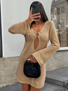 Sexy manga larga magro vestido de malha 2024 outono/inverno feminino elegante com decote em v vestidos curtos a2917