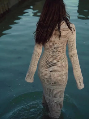 Vestido feminino sexy oco de malha, túnicas de manga comprida, para encobrir praia feminina, moda praia verão, novo, 2022