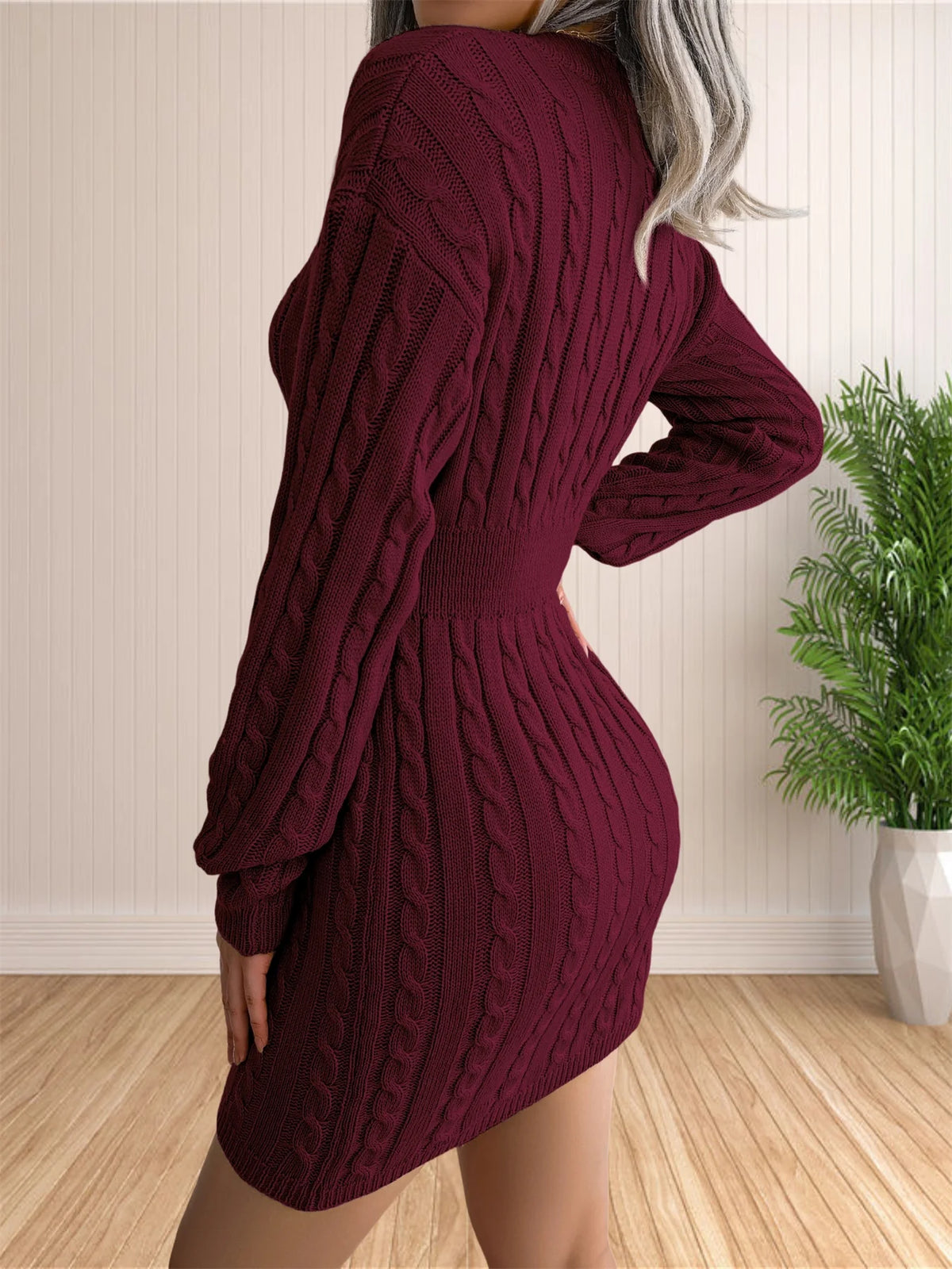 Vestidos femininos de suéter coquetel com decote em V vestido de malha suéter vestido bainha