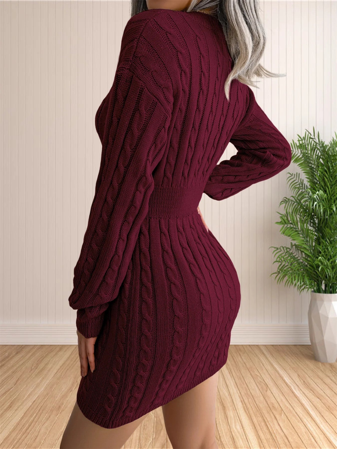 Vestidos femininos de suéter coquetel com decote em V vestido de malha suéter vestido bainha