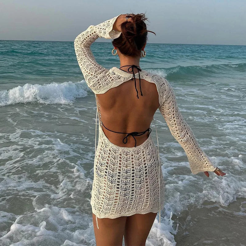 Vintage crochê flor oco para fora vestido cover-ups chique feminino sexy malha sem costas tie-up mini vestido verão praia férias bodycon