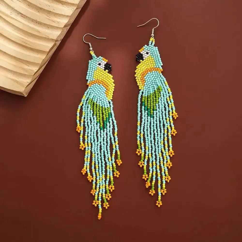 Brincos de contas de arroz borla papagaio design originalidade zoon mão tricô bohemia liga moda simples brincos de contas