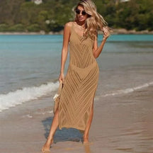 Suéter de malha feminino verão praia maxi vestido senhora sexy decote em u oco malha pulôver ver através casual vestidos de estilingue fino