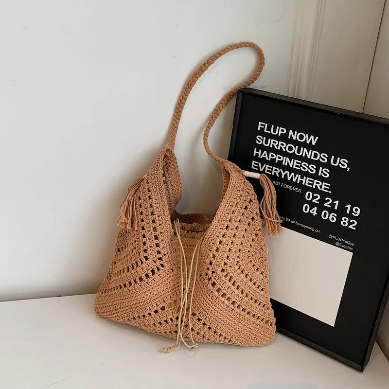 bolsa feminina bolsa de praia bolsa feminina luxo bolsa faculdade Conjunto de bolsa de ombro 2 em 1 de crochê para mulheres ráfia boho rattan verão praia férias sacolas de malha design bolsas femininas 2025
