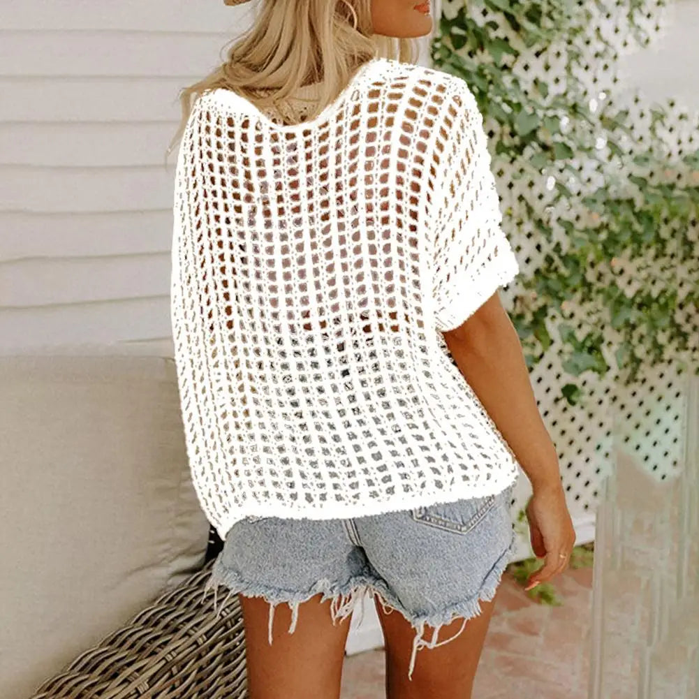 Blusa feminina casual camisa superior manga curta transparente crochê oco camisola de malha superior cor sólida blusa feminina solta