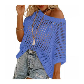 Blusa feminina casual camisa superior manga curta transparente crochê oco camisola de malha superior cor sólida blusa feminina solta