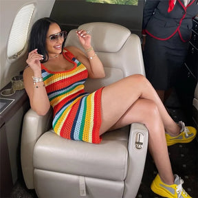 Mini vestido de malha listrado com painéis feminino, bodycon sem mangas com tanque casual, roupa de streetwear quente