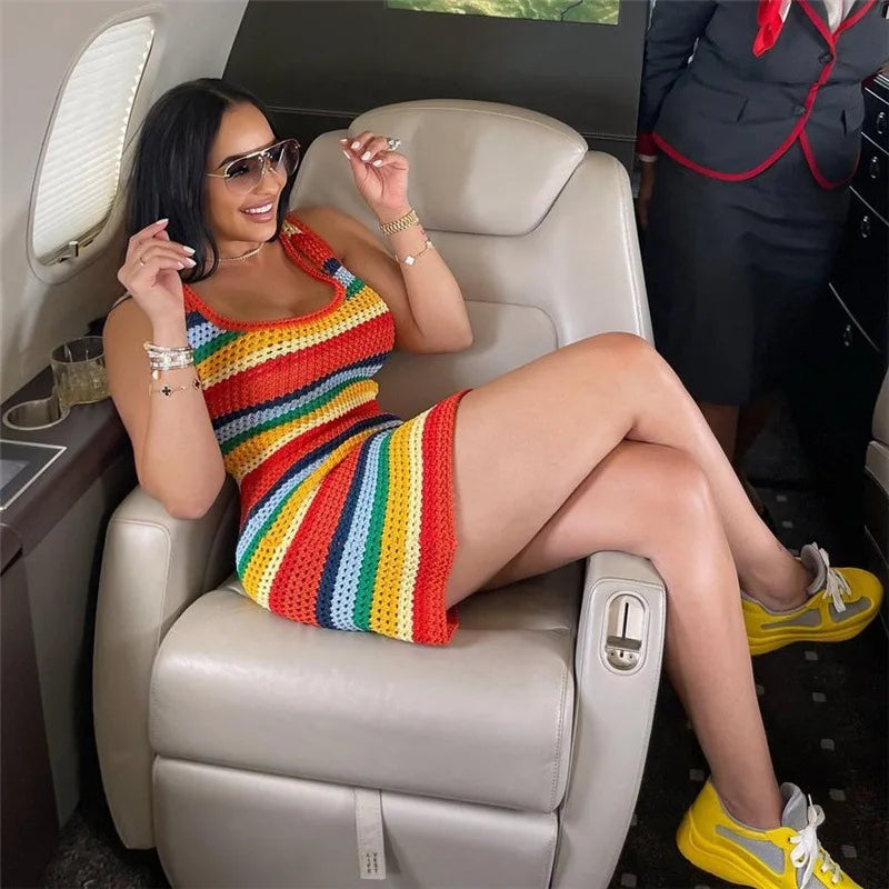 Mini vestido de malha listrado com painéis feminino, bodycon sem mangas com tanque casual, roupa de streetwear quente