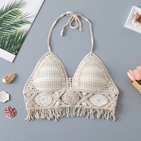 Verão malha sem curto colheita topo feminino sexy oco para fora crochê borlas bainha cabresto sutiã bustier almofadas no peito dropshipping