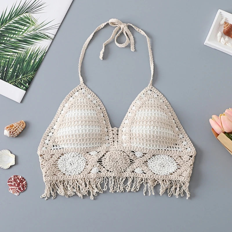 Verão malha sem curto colheita topo feminino sexy oco para fora crochê borlas bainha cabresto sutiã bustier almofadas no peito dropshipping