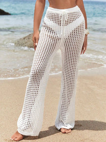 Calças largas de malha com cordão casual de cor sólida vazada, elegante, elegante e confortável para mulheres