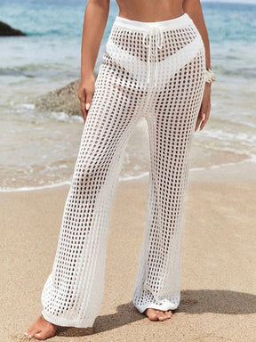 Calças largas de malha com cordão casual de cor sólida vazada, elegante, elegante e confortável para mulheres