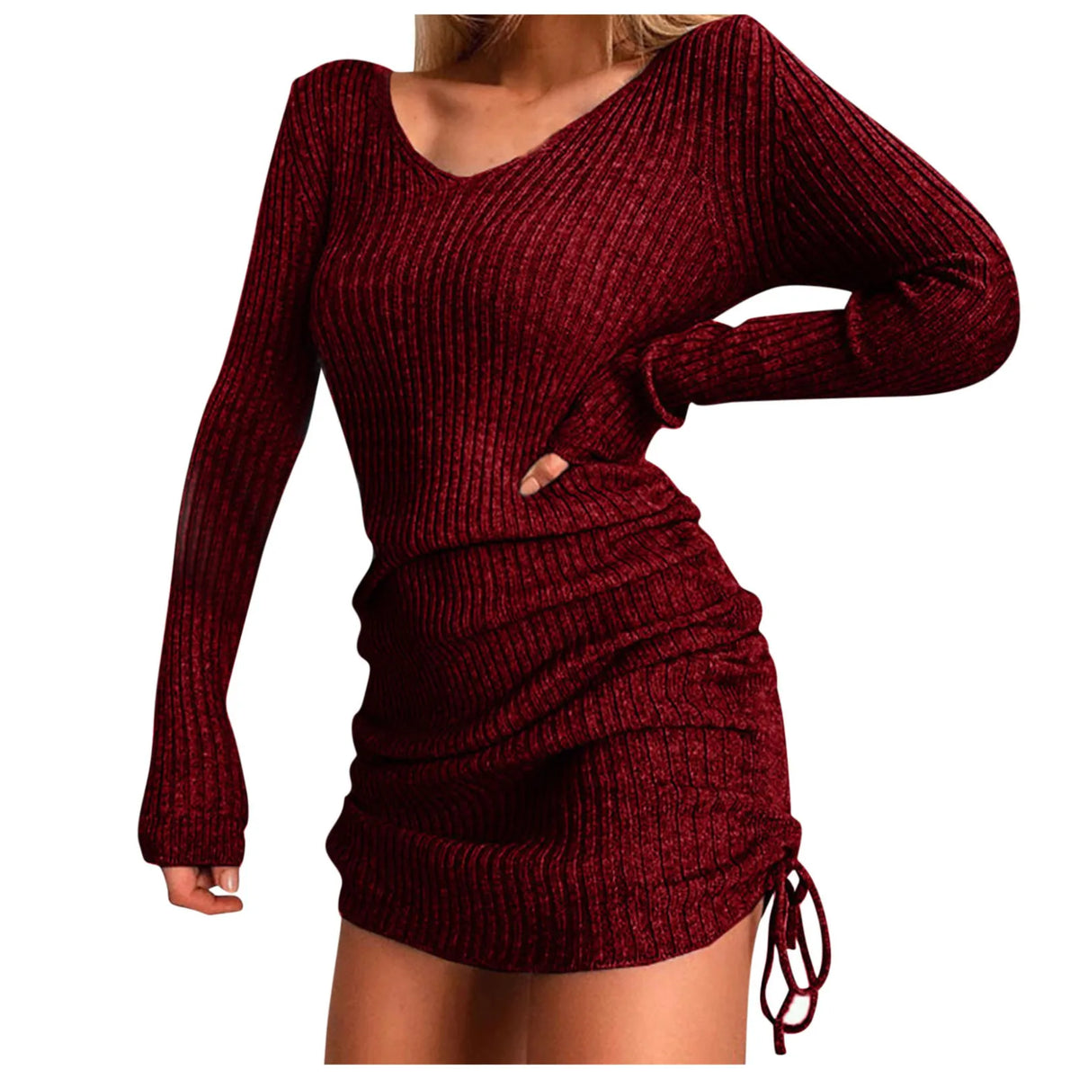 Outono camisola vestido para mulheres tricô sexy cordão plissado bodycon vestido curto com decote em v manga longa envolto hip mini vestido
