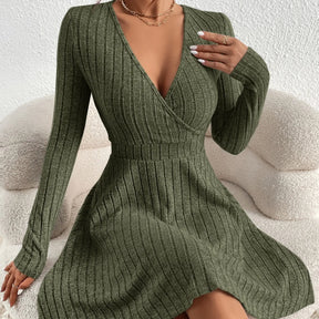 Outono e inverno novo decote em v sexy cintura a linha guarda-chuva saia grande balanço vestido de malha de mangas compridas
