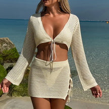 Novo estilo de manga longa amarrar topo saia fina conjunto tricô oco para fora beachwear cover-ups verão férias praia protetor solar blusa
