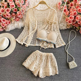 Verão 3 peças conjuntos senhora boêmio rendas crochê conjunto camis shorts capa superior camisas conjuntos allure praia férias conjuntos femininos