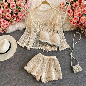 Verão 3 peças conjuntos senhora boêmio rendas crochê conjunto camis shorts capa superior camisas conjuntos allure praia férias conjuntos femininos