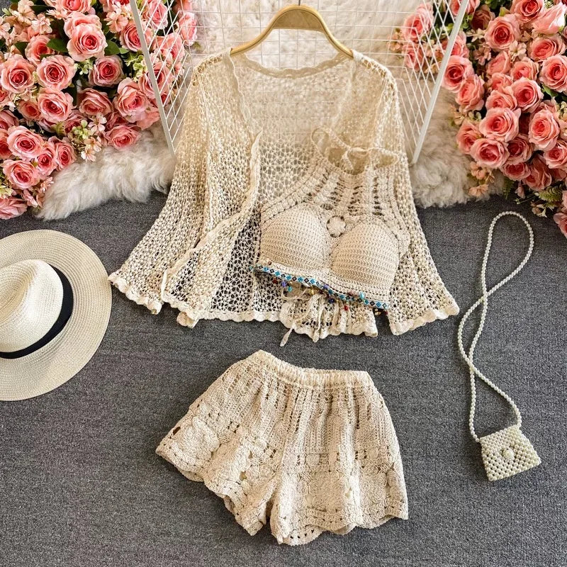 Verão 3 peças conjuntos senhora boêmio rendas crochê conjunto camis shorts capa superior camisas conjuntos allure praia férias conjuntos femininos